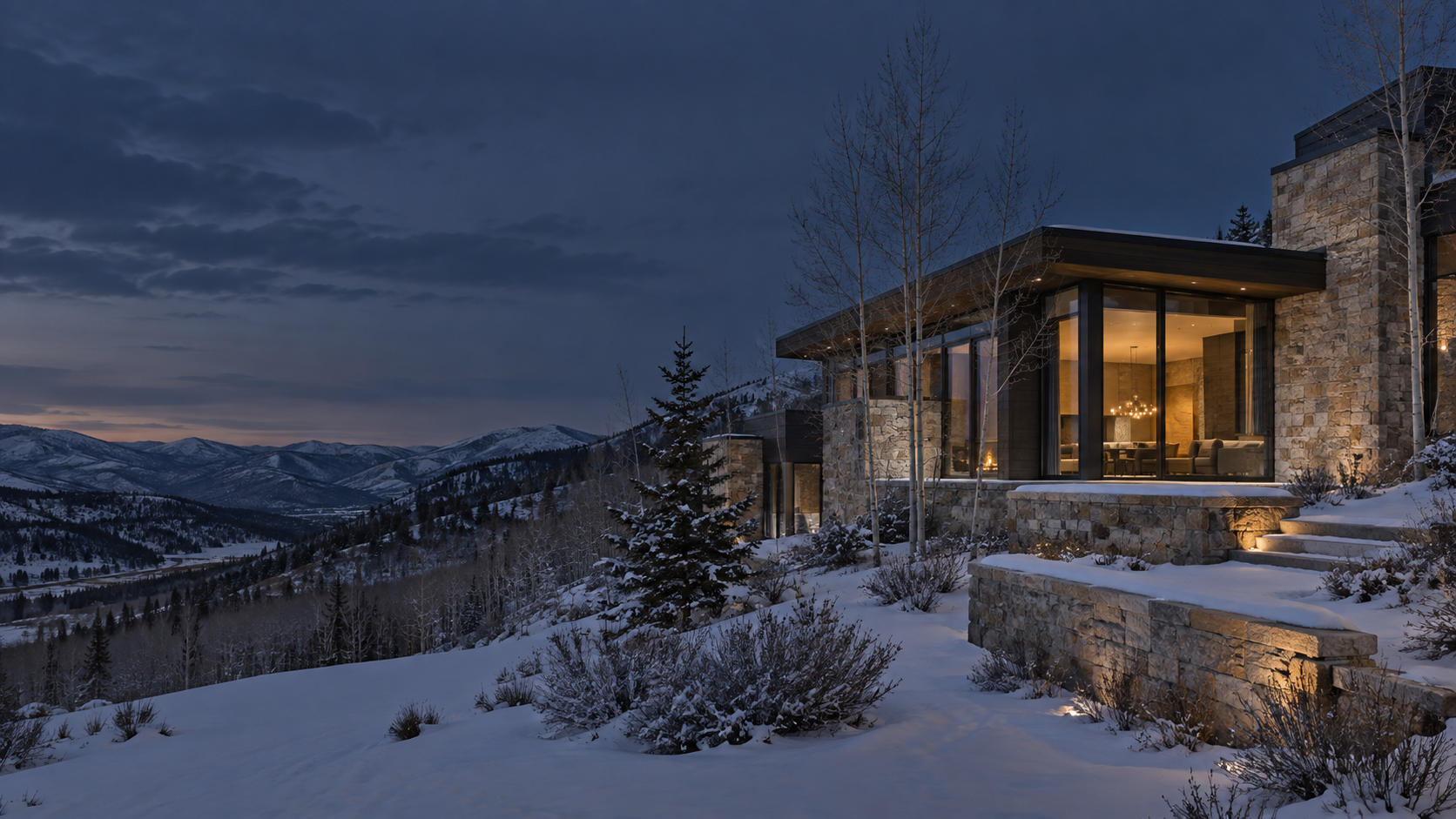 Contemporary mountain residence in a winter landscape